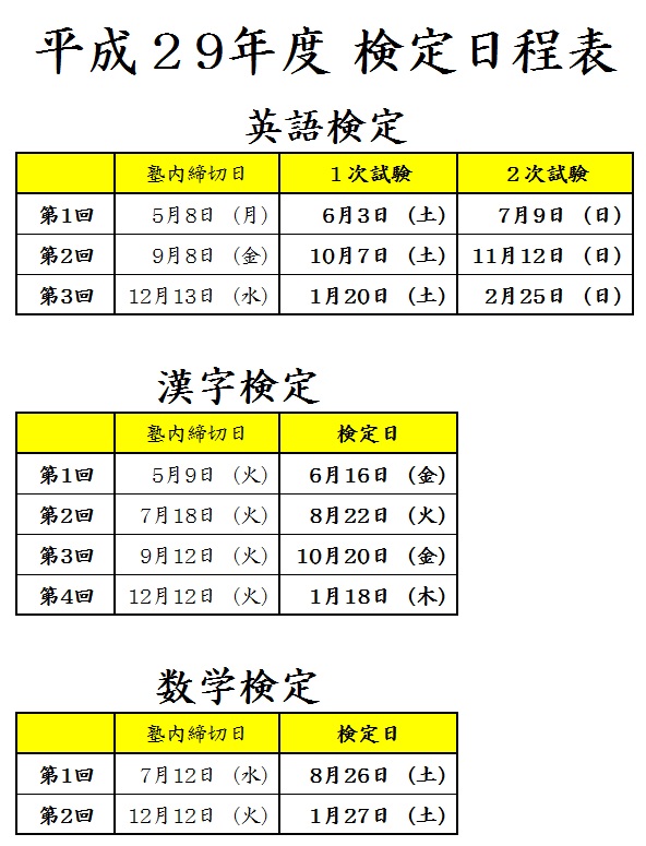 年間検定スケジュール（2017年)